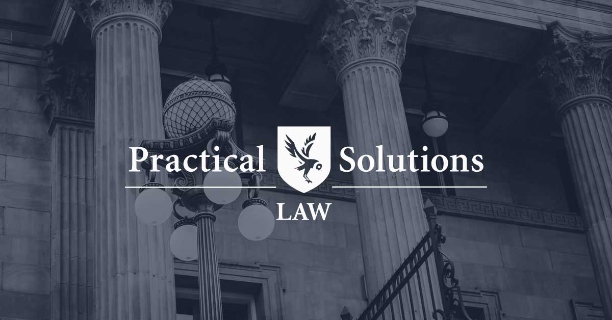 Practical Solutions Law logo over courthouse building image