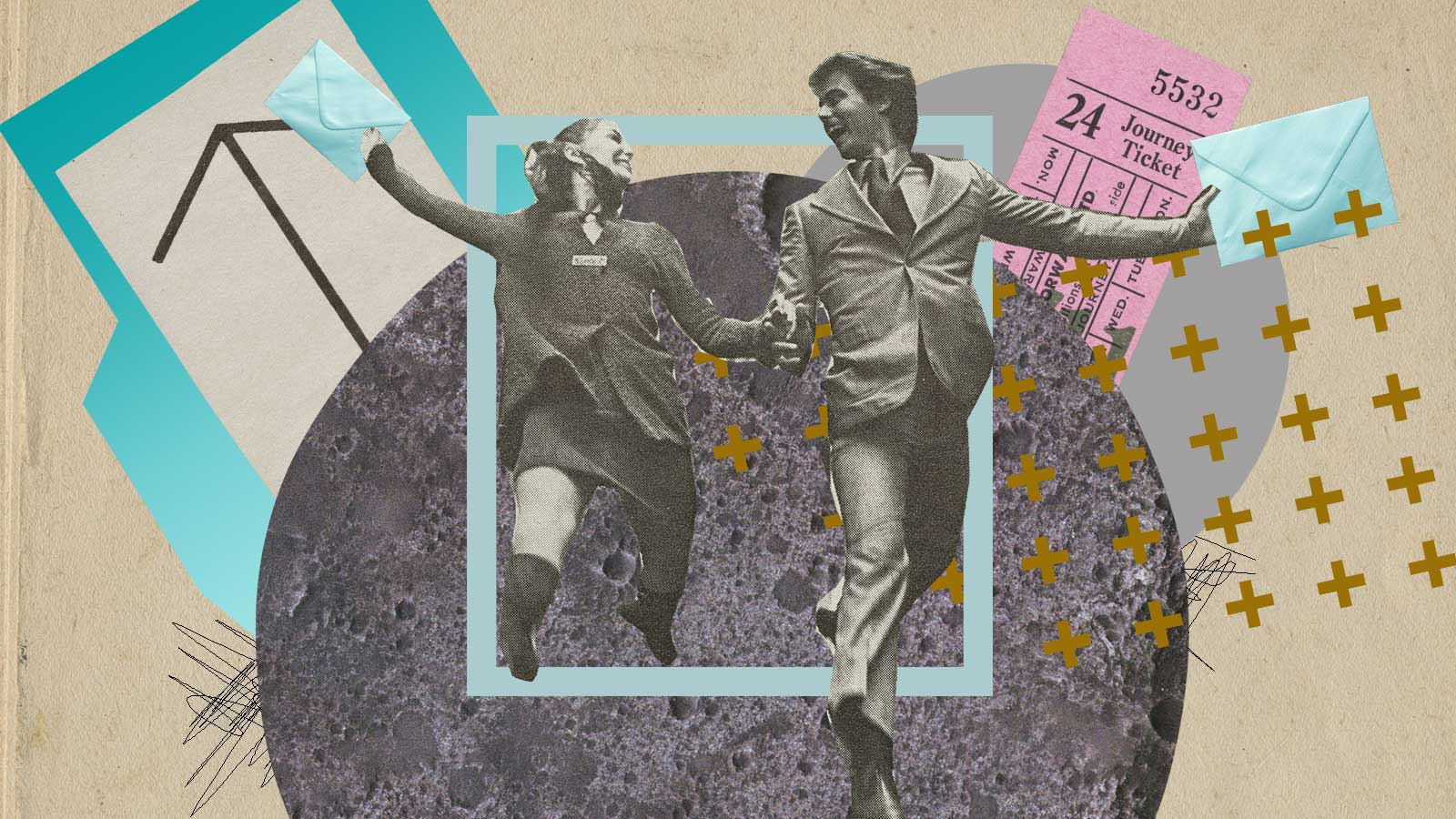 man and woman jumping over moon - surreal collage