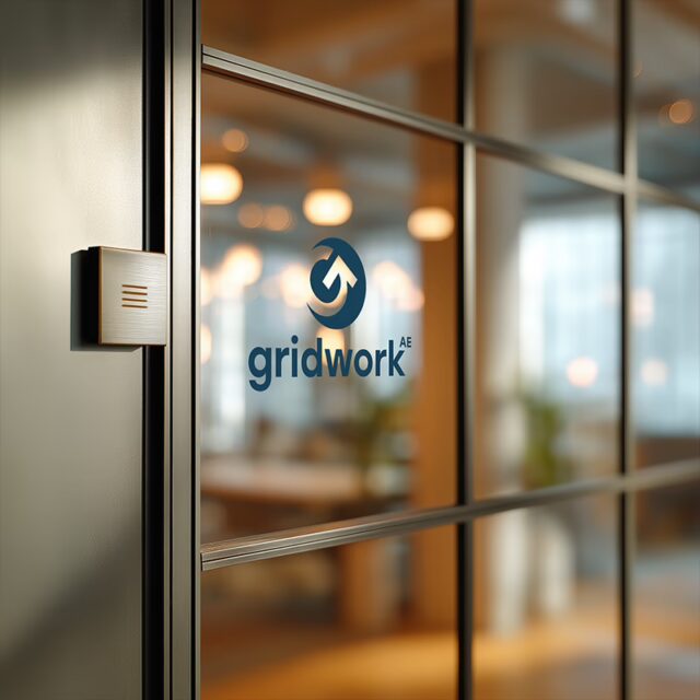 Gridwork AE Logo Signage on Office Window